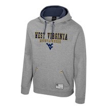 Heather grey WVU hoodie with West Virginia Mountaineers and the Flying WV Logo tackle twill and embroidery